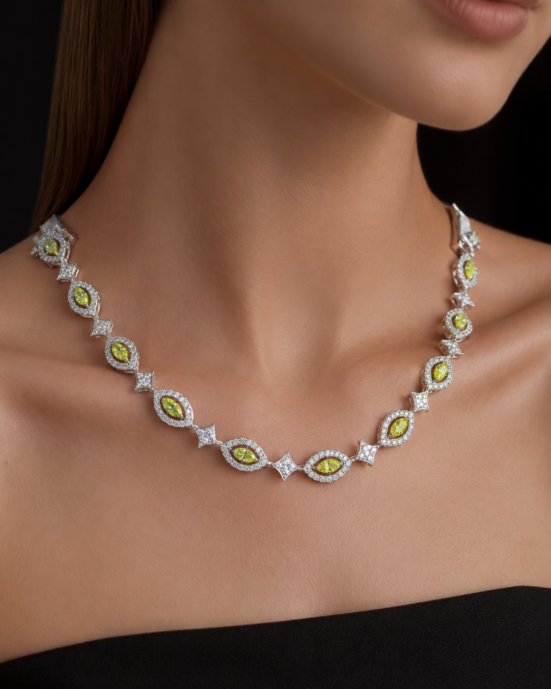 Aurelia Royale White Gold Green Stone Necklace with Labgrown Diamond Accents