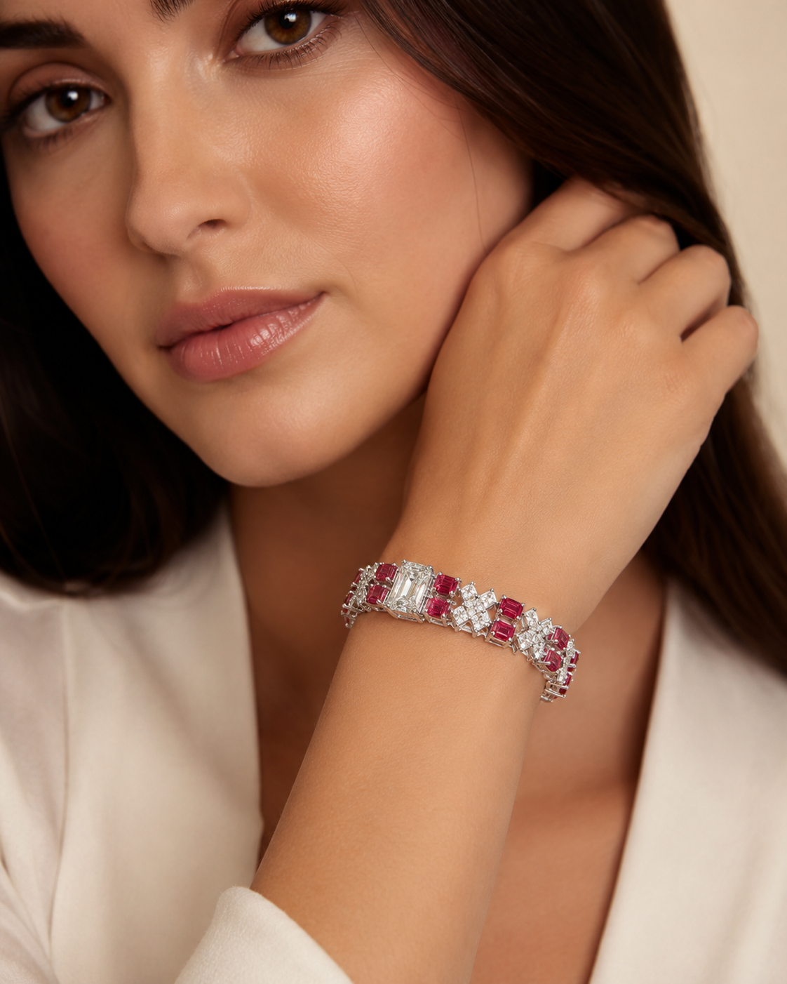 Aurelia Royale White Gold Radiant Diamond Bracelet with Ruby-Tone Accents
