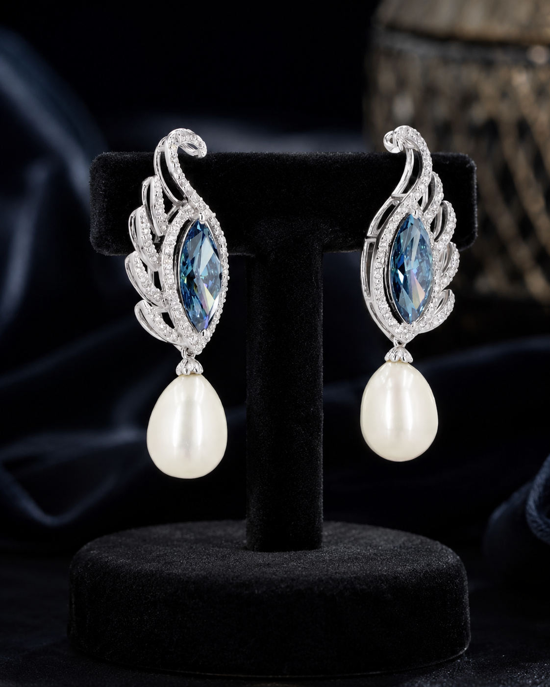 Aurelia Royale White Gold Blue Stone Drop Earrings with Labgrown Diamond Accents