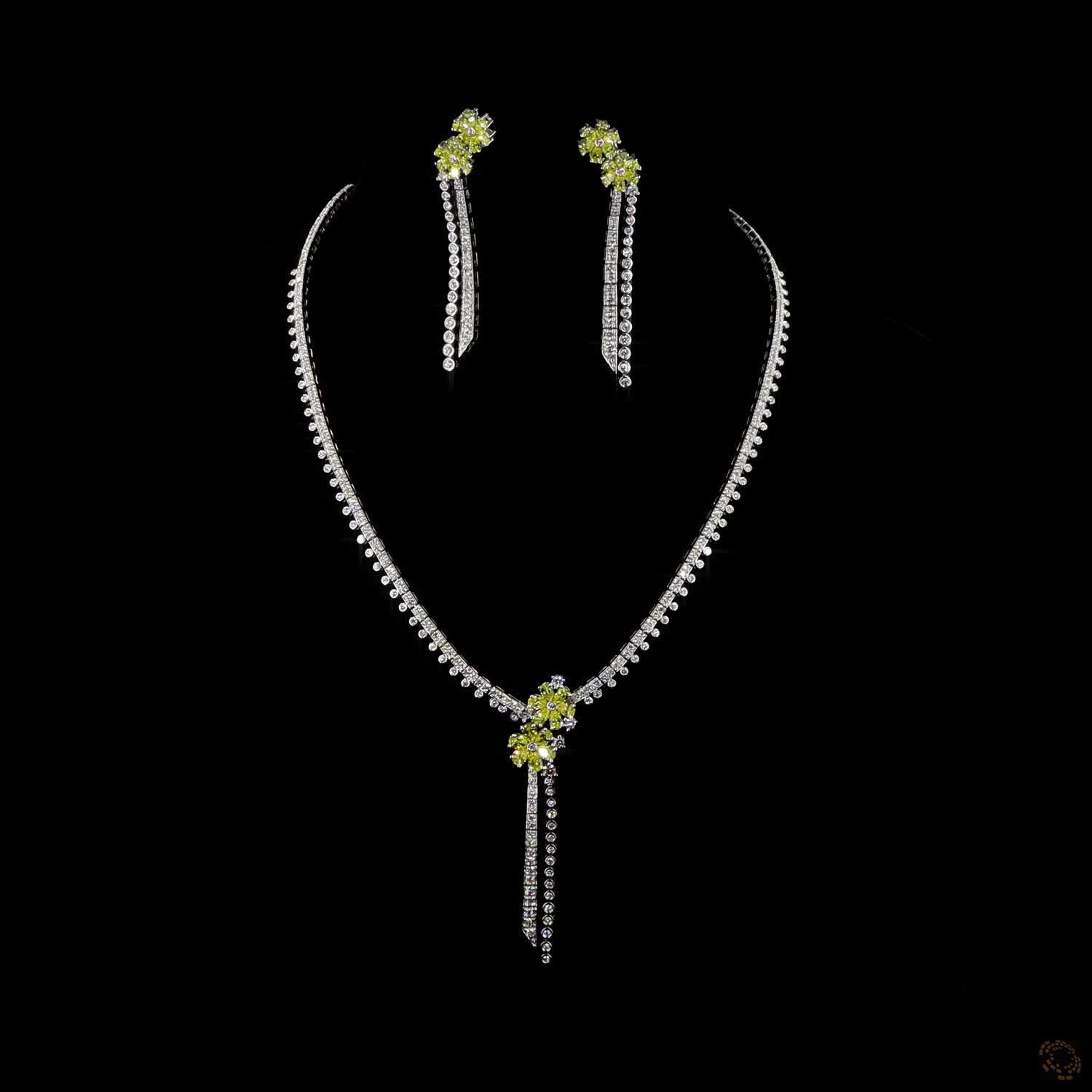 Aurelia Royale White Gold Necklace and Earring Set with Green Stone and Labgrown Diamond Accents